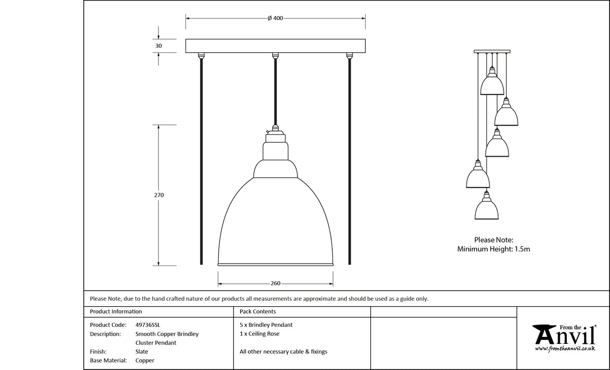 From The Anvil - Smooth Copper Brindley Cluster Pendant in Slate | Sku. 49736SSL | Trade Door Handles.