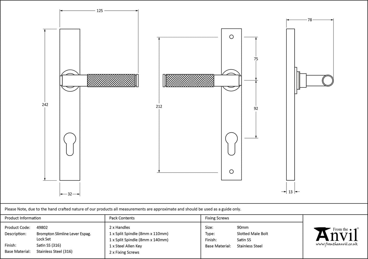 From The Anvil - Satin Marine SS (316) Brompton Slimline Espag. Lock Set | Sku. 49802 | Trade Door Handles.
