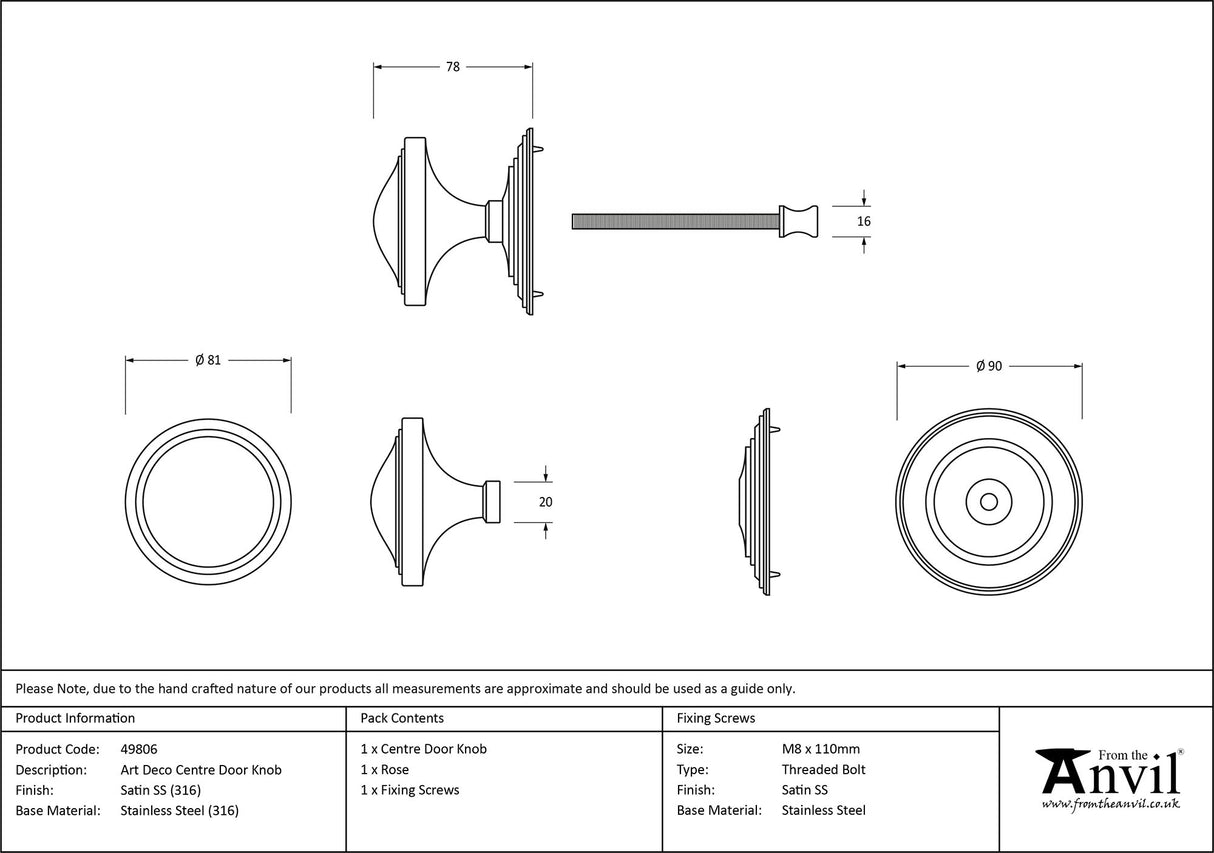 From The Anvil - Satin Marine SS (316) Art Deco Centre Door Knob | Sku. 49806 | Trade Door Handles.