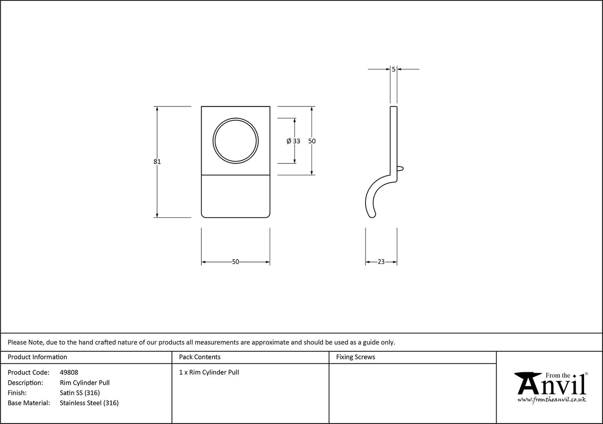 From The Anvil - Satin Marine SS (316) Rim Cylinder Pull | Sku. 49808 | Trade Door Handles.