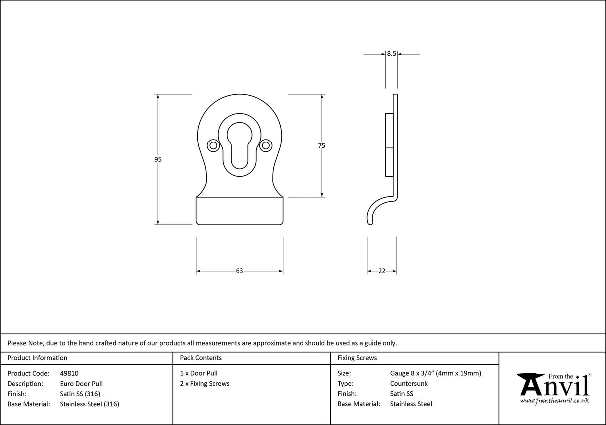 From The Anvil - Satin Marine SS (316) Euro Door Pull | Sku. 49810 | Trade Door Handles.
