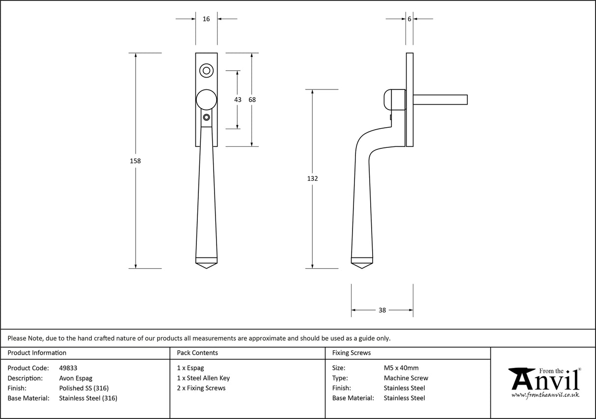 From The Anvil - Polished Marine SS (316) Avon Espag | Sku. 49833 | Trade Door Handles.