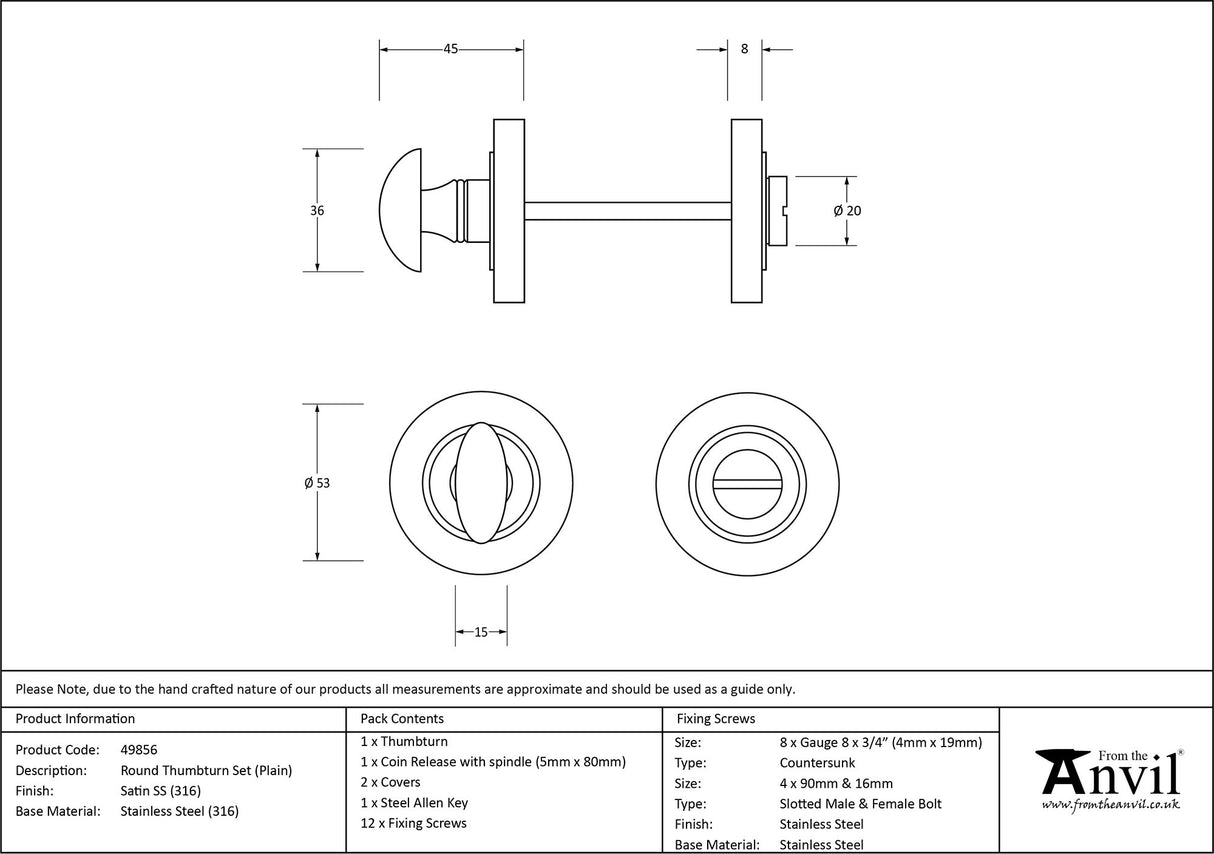 From The Anvil - Satin Marine SS (316) Round Thumbturn Set (Plain) | Sku. 49856 | Trade Door Handles.