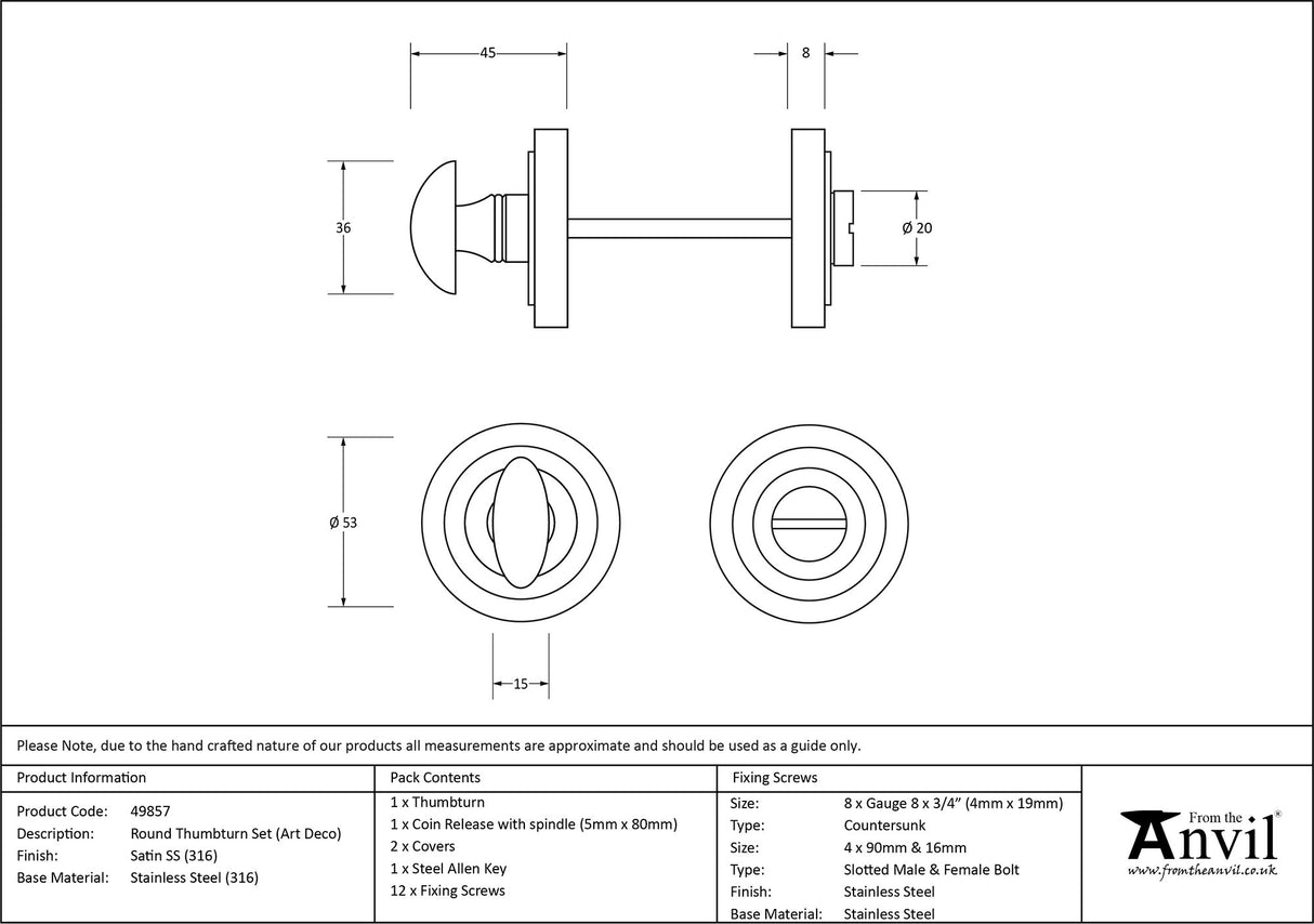 From The Anvil - Satin Marine SS (316) Round Thumbturn Set (Art Deco) | Sku. 49857 | Trade Door Handles.
