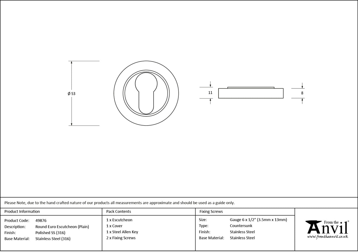From The Anvil - Polished Marine SS (316) Round Euro Escutcheon (Plain) | Sku. 49876 | Trade Door Handles.