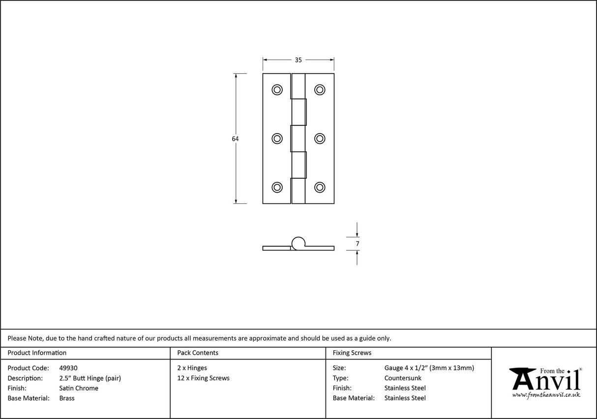 From The Anvil - Satin Chrome 2.5" Butt Hinge (pair) | Sku. 49930 | Trade Door Handles.