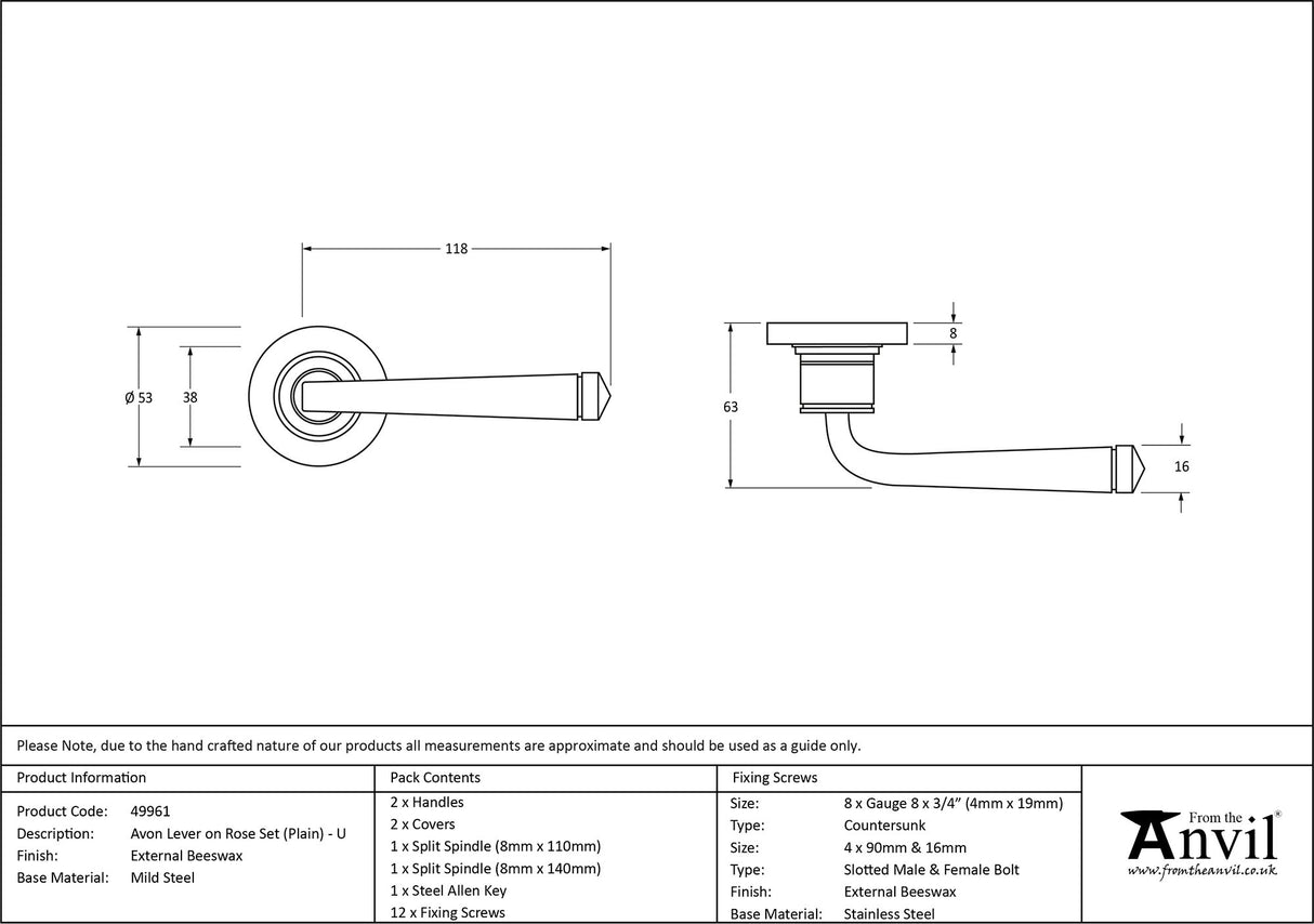 From The Anvil - External Beeswax Avon Round Lever on Rose Set (Plain) - Unsprung | Sku. 49961 | Trade Door Handles.