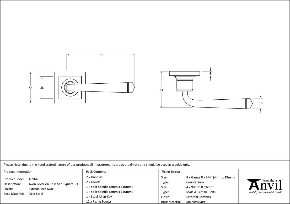 From The Anvil - External Beeswax Avon Round Lever on Rose Set (Square) - Unsprung | Sku. 49964 | Trade Door Handles.