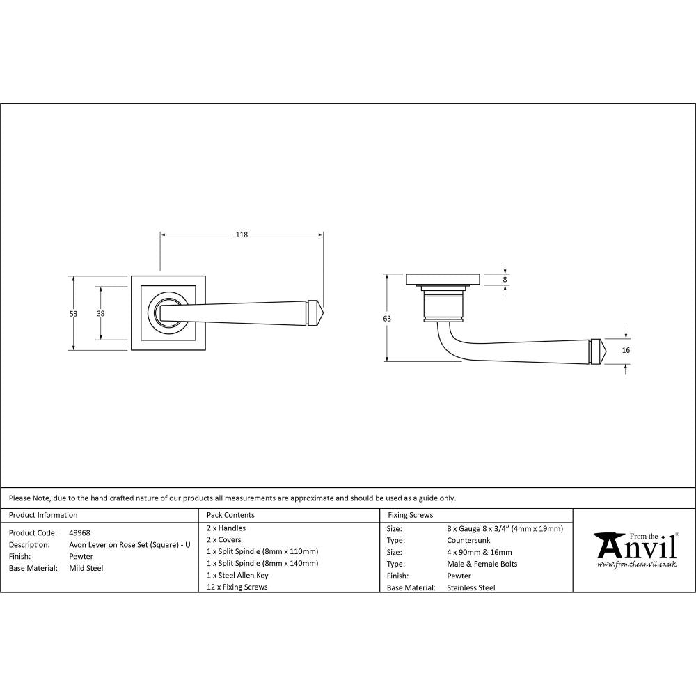 From The Anvil - Pewter Avon Round Lever on Rose Set (Square) - Unsprung | Sku. 49968 | Trade Door Handles.