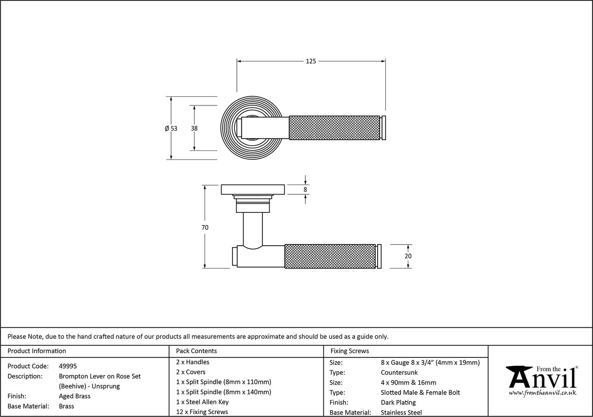 From The Anvil - Aged Brass Brompton Lever on Rose Set (Beehive) - Unsprung | Sku. 49995 | Trade Door Handles.