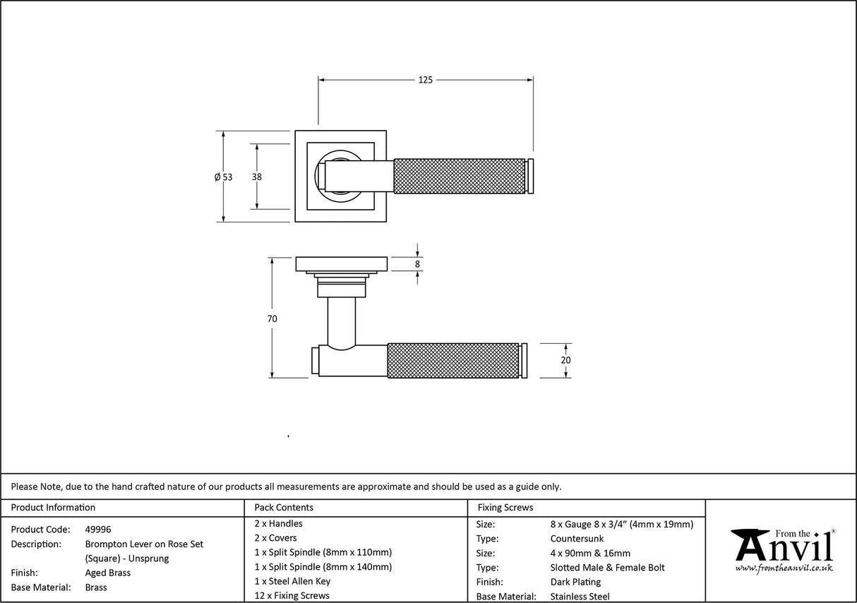 From The Anvil - Aged Brass Brompton Lever on Rose Set (Square) - Unsprung | Sku. 49996 | Trade Door Handles.