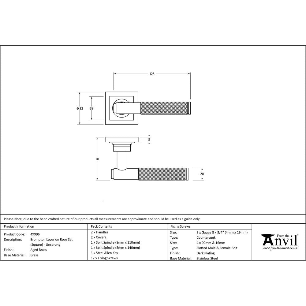 From The Anvil - Aged Brass Brompton Lever on Rose Set (Square) - Unsprung | Sku. 49996 | Trade Door Handles.