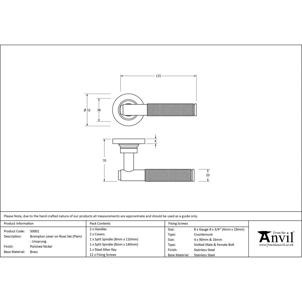 From The Anvil - Polished Nickel Brompton Lever on Rose Set (Plain) - Unsprung | Sku. 50001 | Trade Door Handles.