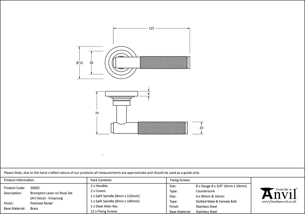 From The Anvil - Polished Nickel Brompton Lever on Rose Set (Art Deco) - Unsprung | Sku. 50002 | Trade Door Handles.