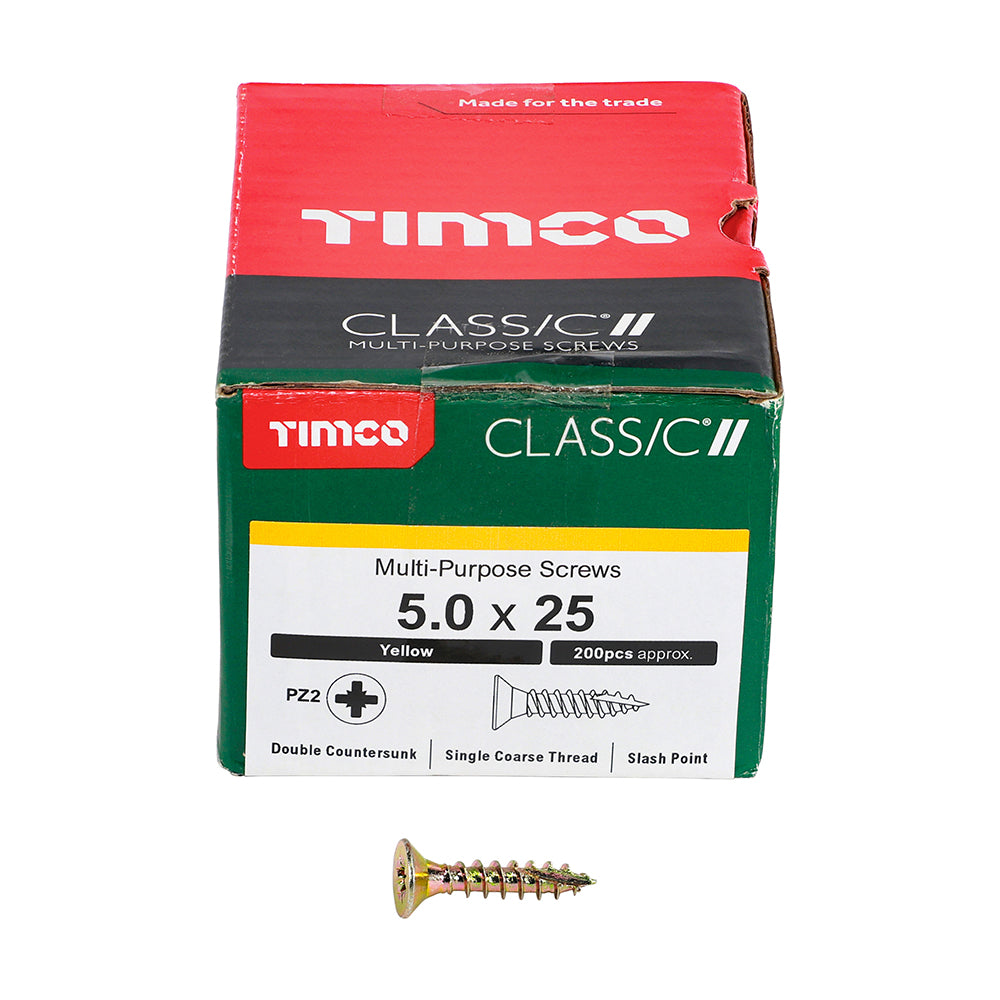 This is an image of Timco - Classic Multi-Purpose Screws - PZ - Double Countersunk - Yellow 5.0 x 25mm - (200 PCS Box) 50025CLAF