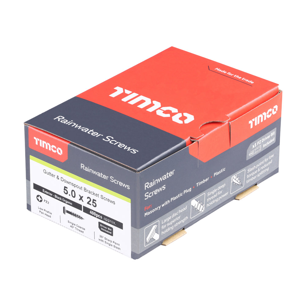 This is an image of Timco - Rainwater Screws - PZ - Low Profile Pan - Exterior - Black 5.0 x 25mm - (400 PCS Box) 50025CLARBBX