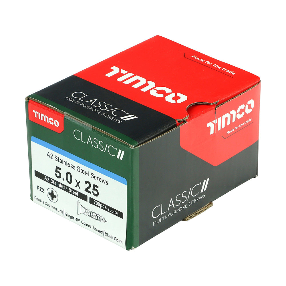 This is an image of Timco - Classic Multi-Purpose Screws - PZ - Double Countersunk - A2 Stainless Steel 5.0 x 25mm - (200 PCS Box) 50025CLASS