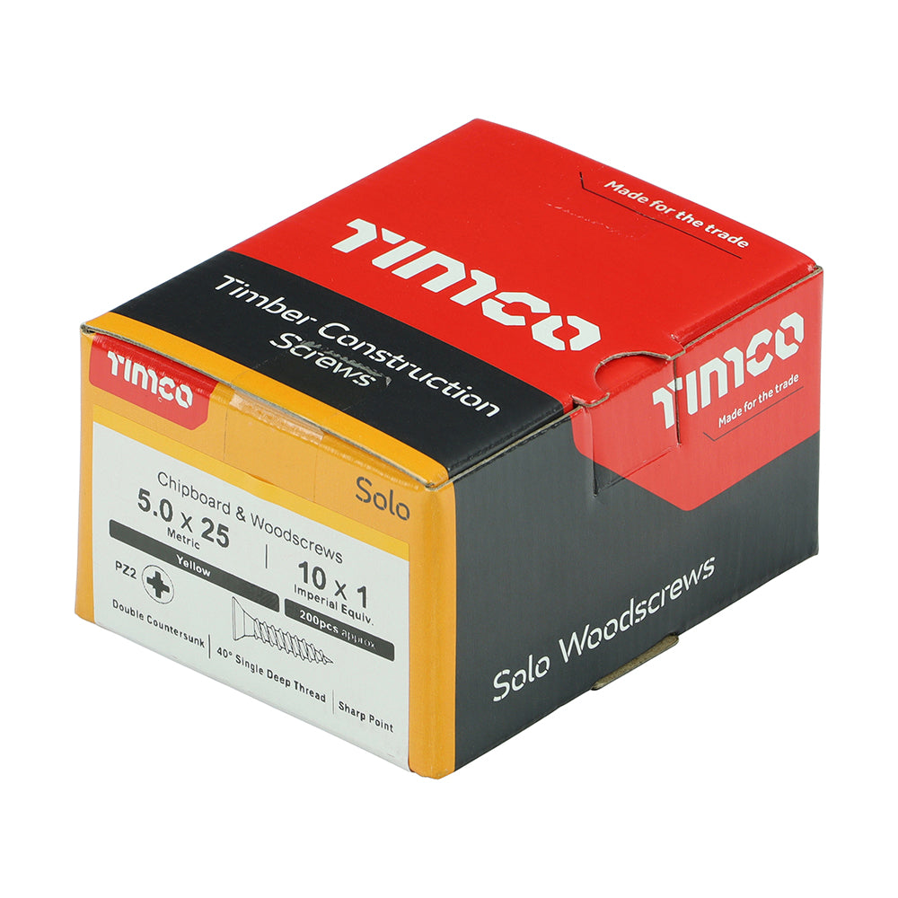 This is an image of Timco - Solo Chipboard & Woodscrews - PZ - Double Countersunk - Yellow 5.0 x 25mm - (200 PCS Box) 50025SOLOC