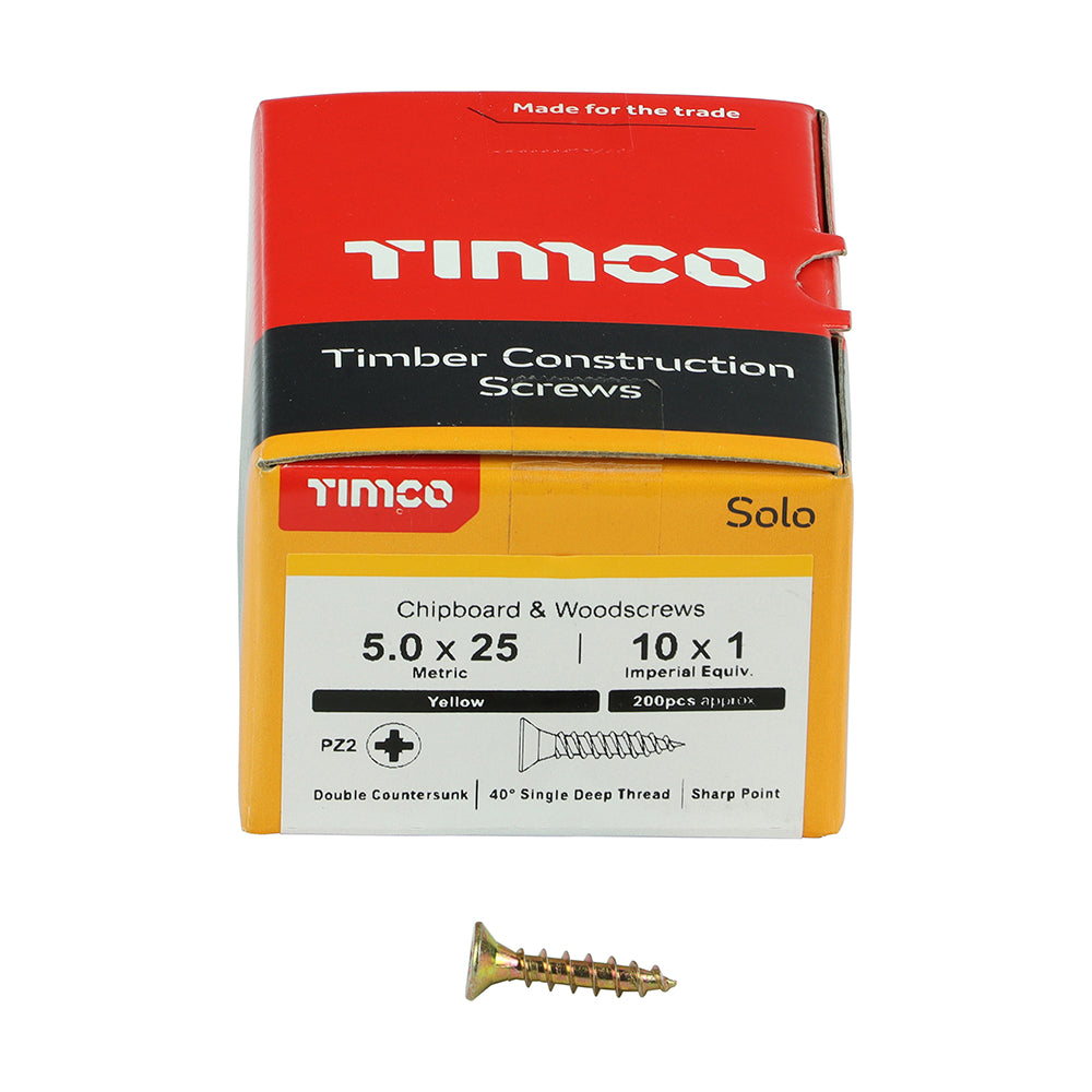 This is an image of Timco - Solo Chipboard & Woodscrews - PZ - Double Countersunk - Yellow 5.0 x 25mm - (200 PCS Box) 50025SOLOC