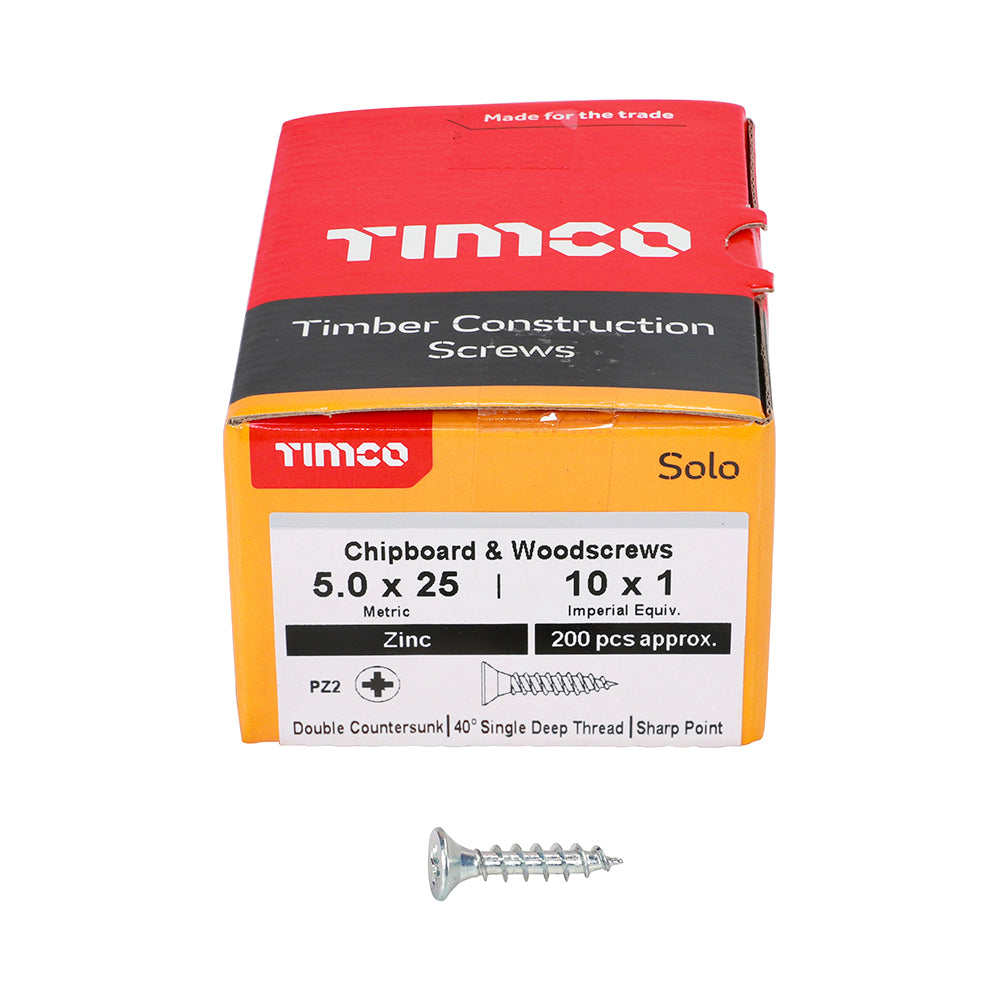 This is an image of Timco - Solo Chipboard & Woodscrews - PZ - Double Countersunk - Zinc 5.0 x 25mm - (200 PCS Box) 50025SOLOZ