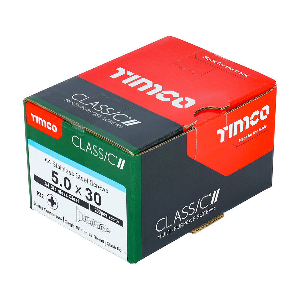 This is an image of Timco - Classic Multi-Purpose Screws - PZ - Double Countersunk - A4 Stainless Steel 5.0 x 30mm - (200 PCS Box) 50030CLA4