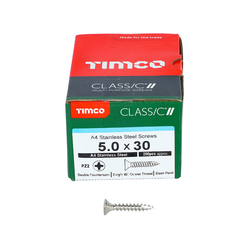 This is an image of Timco - Classic Multi-Purpose Screws - PZ - Double Countersunk - A4 Stainless Steel 5.0 x 30mm - (200 PCS Box) 50030CLA4