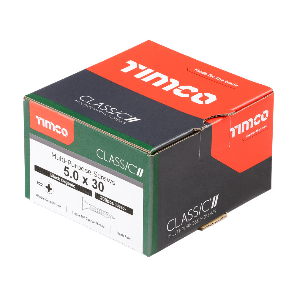 This is an image of Timco - Classic Multi-Purpose Screws - PZ - Double Countersunk - Exterior - Black Organic 5.0 x 30mm - (200 PCS Box) 50030CLAB