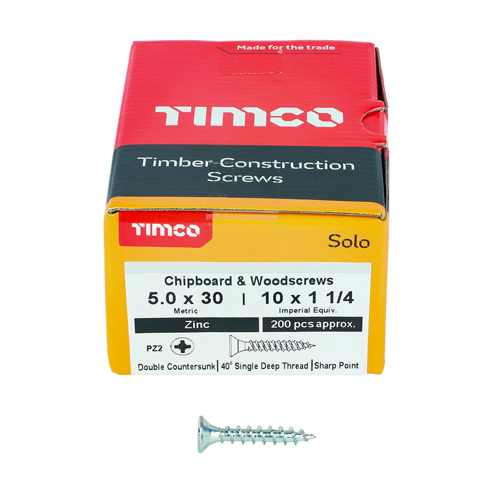This is an image of Timco - Solo Chipboard & Woodscrews - PZ - Double Countersunk - Zinc 5.0 x 30mm - (200 PCS Box) 50030SOLOZ