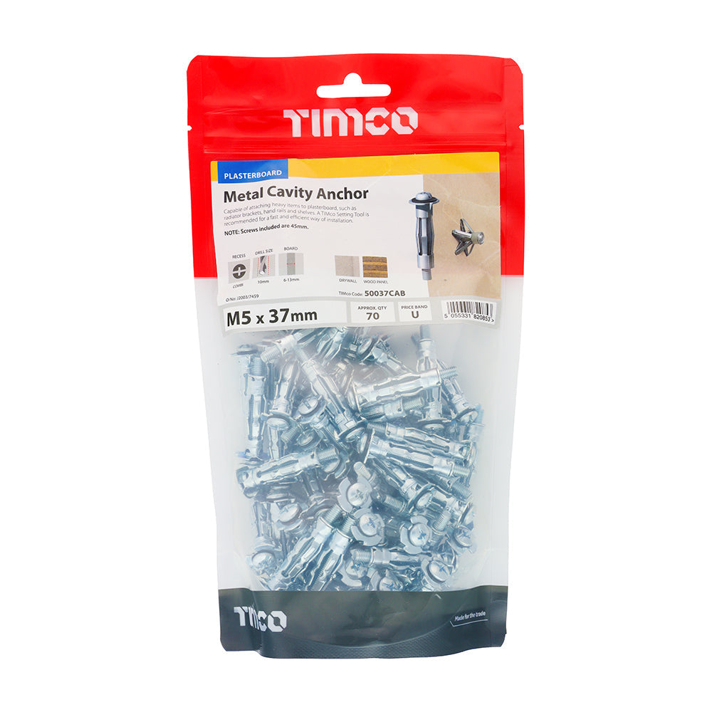 This is an image of Timco - Metal Cavity Anchors - Zinc M5 x 37 (45mm Screw) - (70 PCS TIMbag) 50037CAB