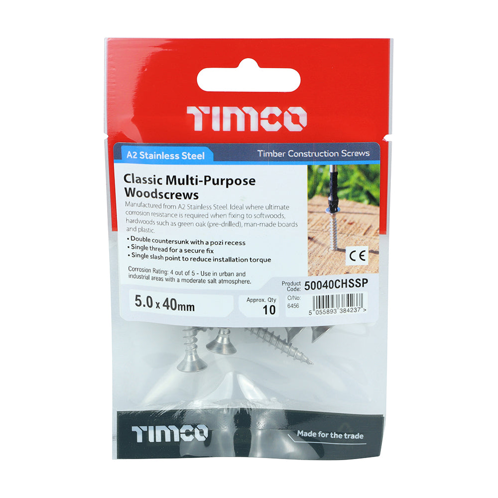 This is an image of Timco - Classic Multi-Purpose Screws - PZ - Double Countersunk - Stainless Steel 5.0 x 40mm - (10 PCS TIMpac) 50040CHSSP