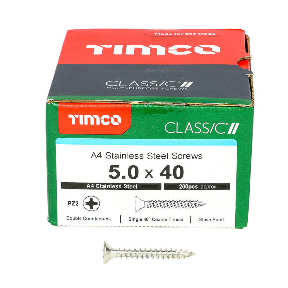 This is an image of Timco - Classic Multi-Purpose Screws - PZ - Double Countersunk - A4 Stainless Steel 5.0 x 40mm - (200 PCS Box) 50040CLA4