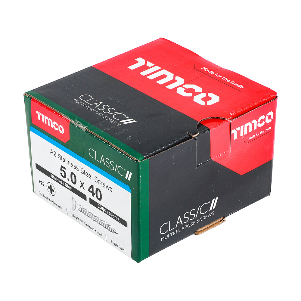 This is an image of Timco - Classic Multi-Purpose Screws - PZ - Double Countersunk - A2 Stainless Steel 5.0 x 40mm - (200 PCS Box) 50040CLASS