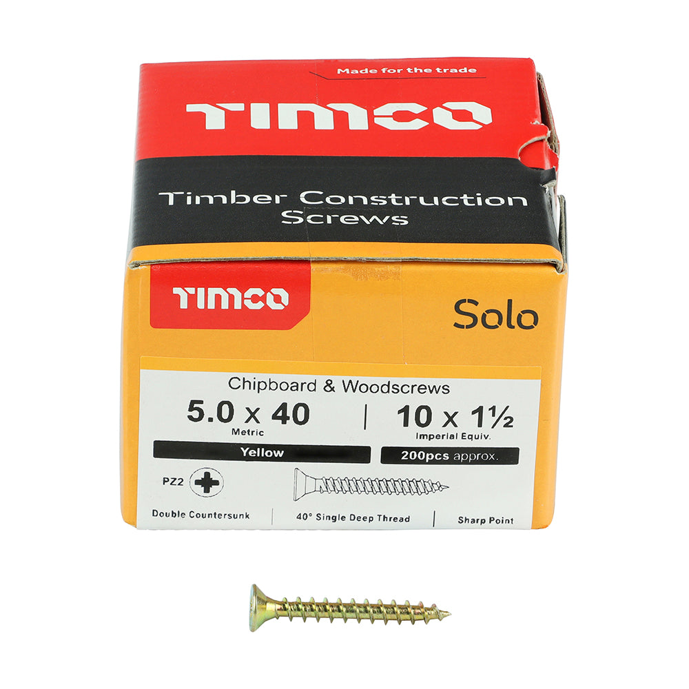 This is an image of Timco - Solo Chipboard & Woodscrews - PZ - Double Countersunk - Yellow 5.0 x 40mm - (200 PCS Box) 50040SOLOC
