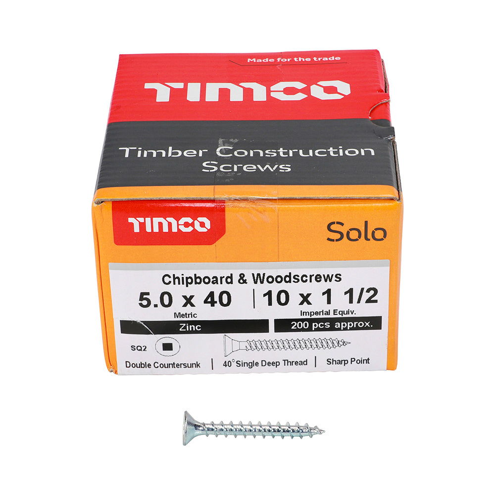 This is an image of Timco - Solo Chipboard & Woodscrews - SQ - Double Countersunk - Zinc 5.0 x 40mm - (200 PCS Box) 50040SQSZ