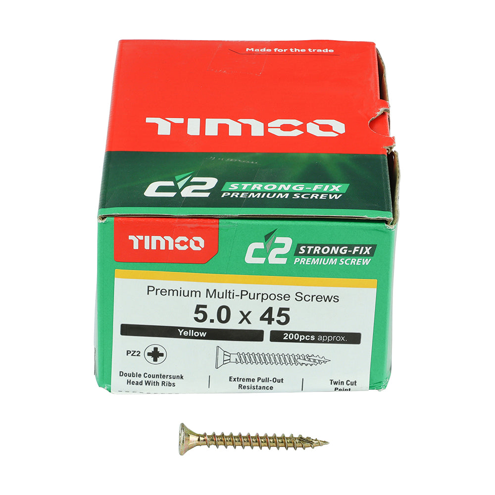 This is an image of Timco - C2 Strong-Fix Screws - PZ - Double Countersunk - Twin-Cut - Yellow 5.0 x 45mm - (200 PCS Box) 50045C2