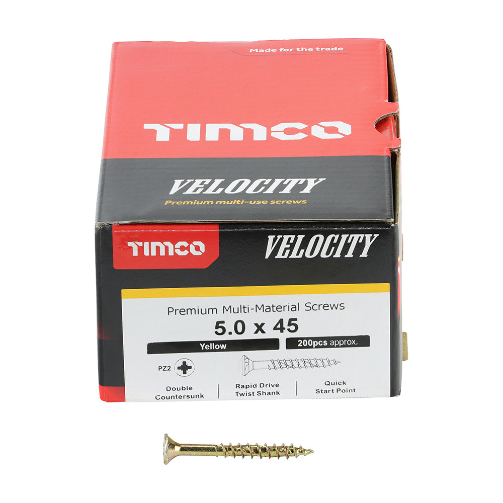 This is an image of Timco - Velocity Premium Multi-Use Screws - PZ - Double Countersunk - Yellow 5.0 x 45mm - (200 PCS Box) 50045VY