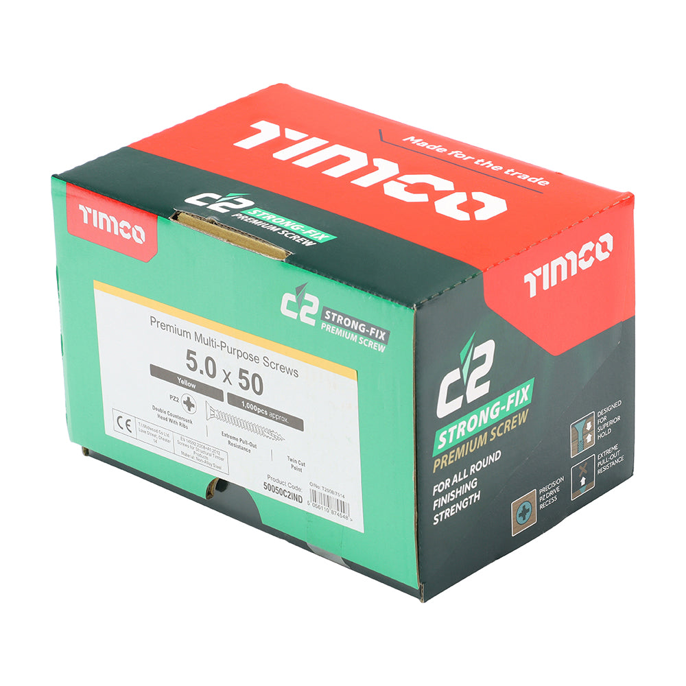 This is an image of Timco - C2 Strong-Fix Screws - PZ - Double Countersunk - Twin-Cut - Yellow 5.0 x 50mm - (1000 PCS Box) 50050C2IND