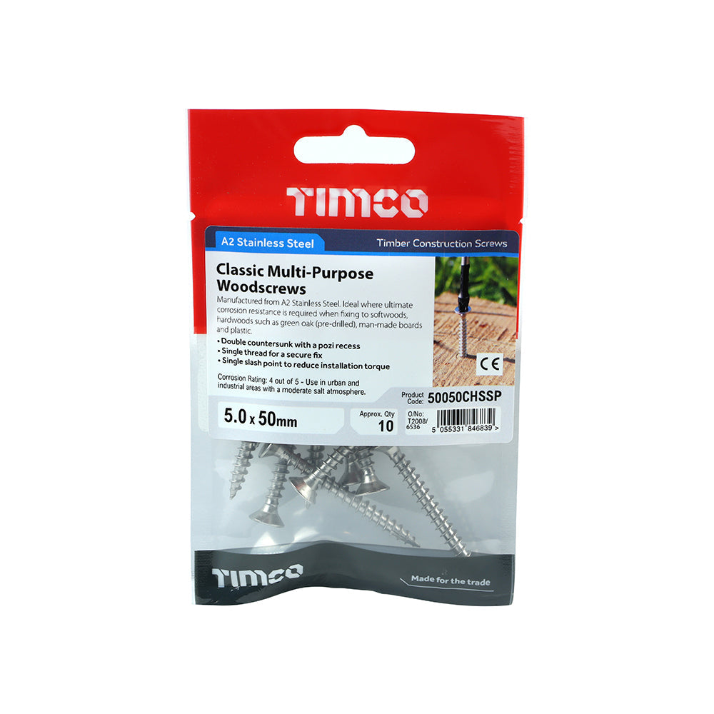 This is an image of Timco - Classic Multi-Purpose Screws - PZ - Double Countersunk - Stainless Steel 5.0 x 50mm - (10 PCS TIMpac) 50050CHSSP