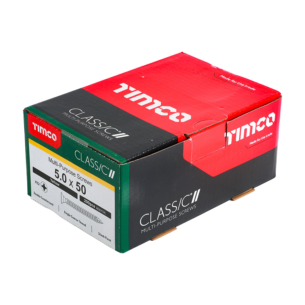 This is an image of Timco - Classic Multi-Purpose Screws - PZ - Double Countersunk - Yellow 5.0 x 50mm - (200 PCS Box) 50050CLAF