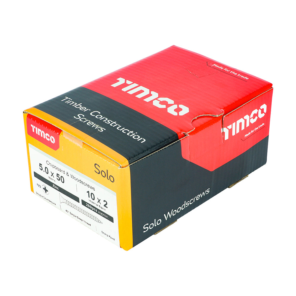 This is an image of Timco - Solo Chipboard & Woodscrews - PZ - Double Countersunk - Zinc 5.0 x 50mm - (200 PCS Box) 50050SOLOZ