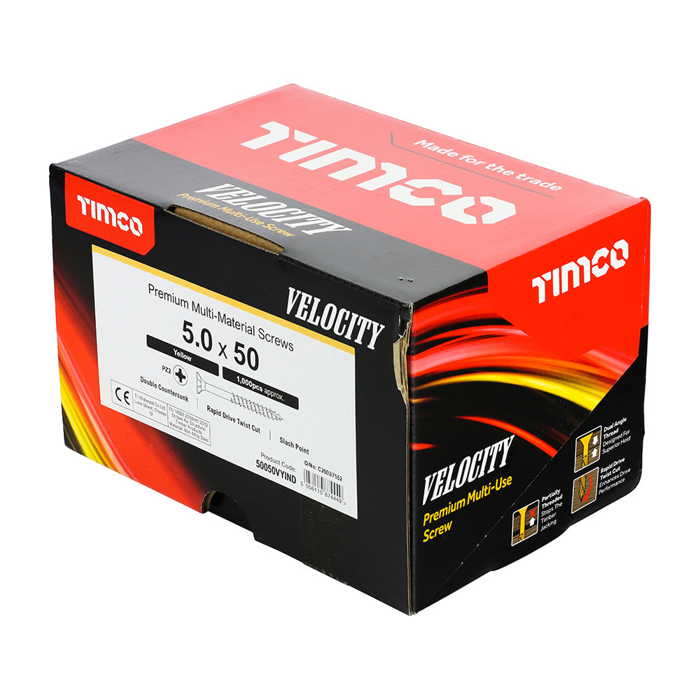 This is an image of Timco - Velocity Premium Multi-Use Screws - PZ - Double Countersunk - Yellow 5.0 x 50mm - (1000 PCS Box) 50050VYIND