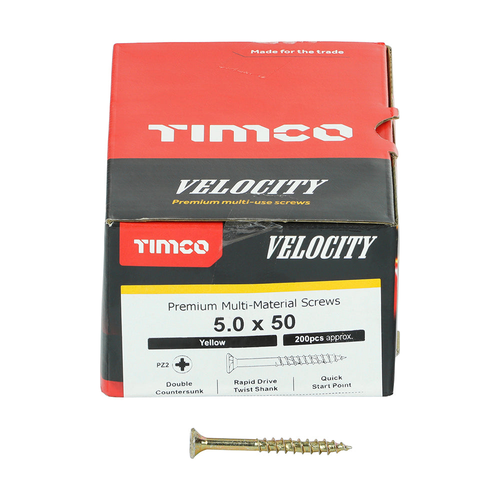 This is an image of Timco - Velocity Premium Multi-Use Screws - PZ - Double Countersunk - Yellow 5.0 x 50mm - (200 PCS Box) 50050VY
