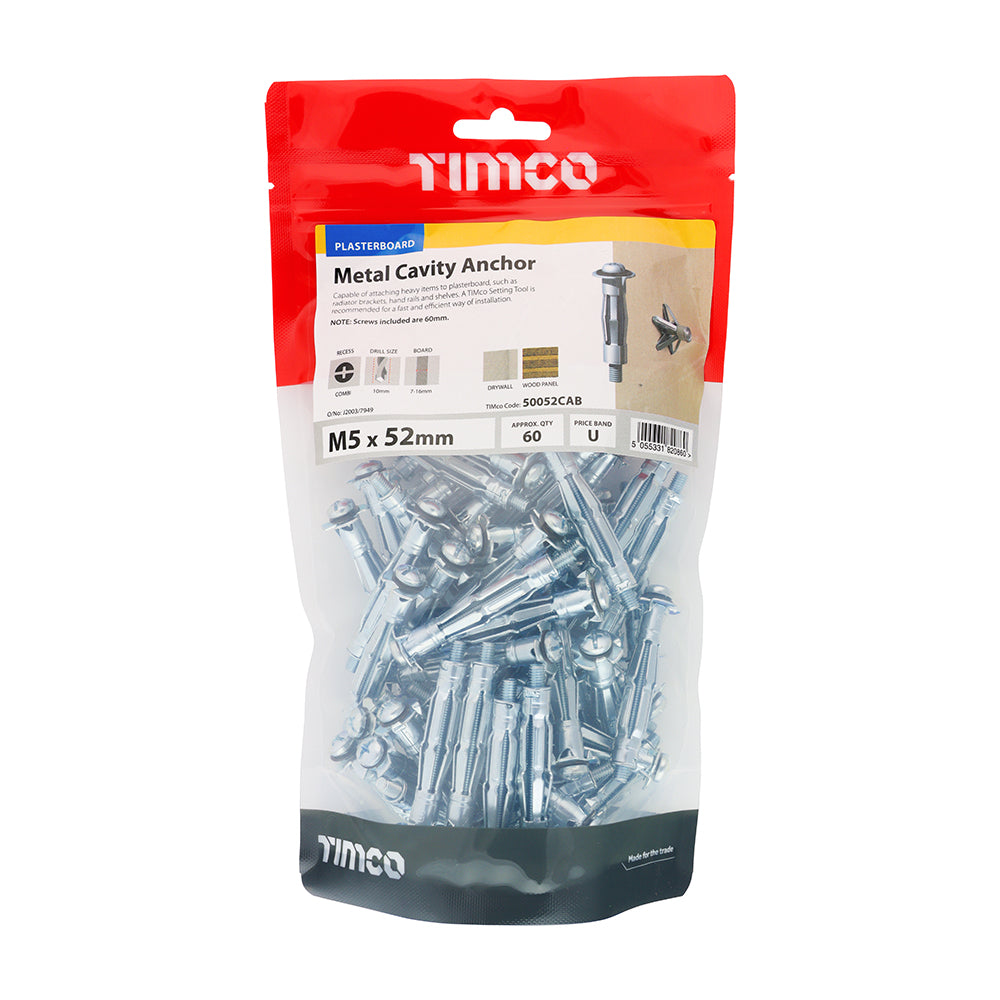 This is an image of Timco - Metal Cavity Anchors - Zinc M5 x 52 (60mm Screw) - (60 PCS TIMbag) 50052CAB