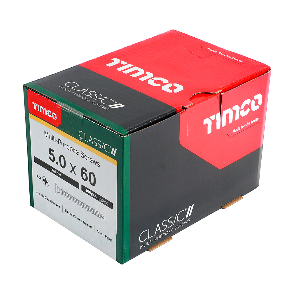 This is an image of Timco - Classic Multi-Purpose Screws - PZ - Double Countersunk - Yellow 5.0 x 60mm - (200 PCS Box) 50060CLAF