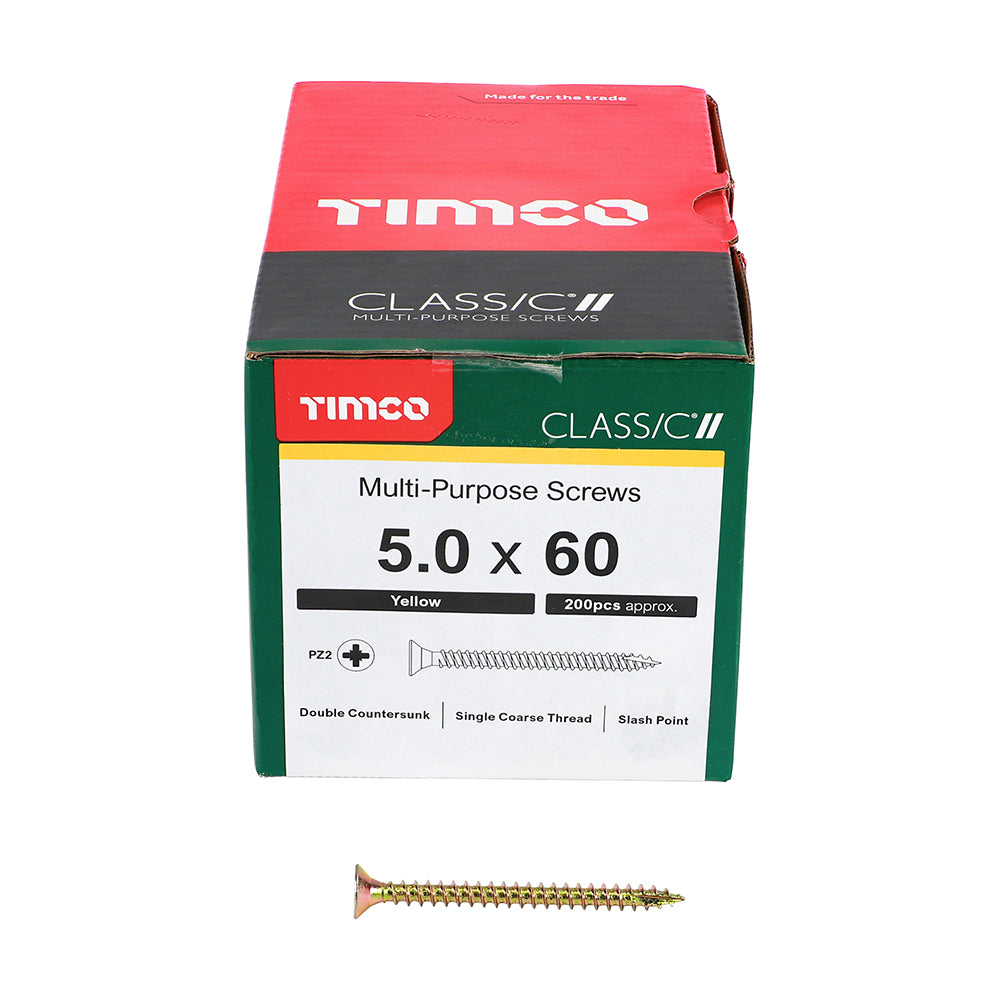 This is an image of Timco - Classic Multi-Purpose Screws - PZ - Double Countersunk - Yellow 5.0 x 60mm - (200 PCS Box) 50060CLAF