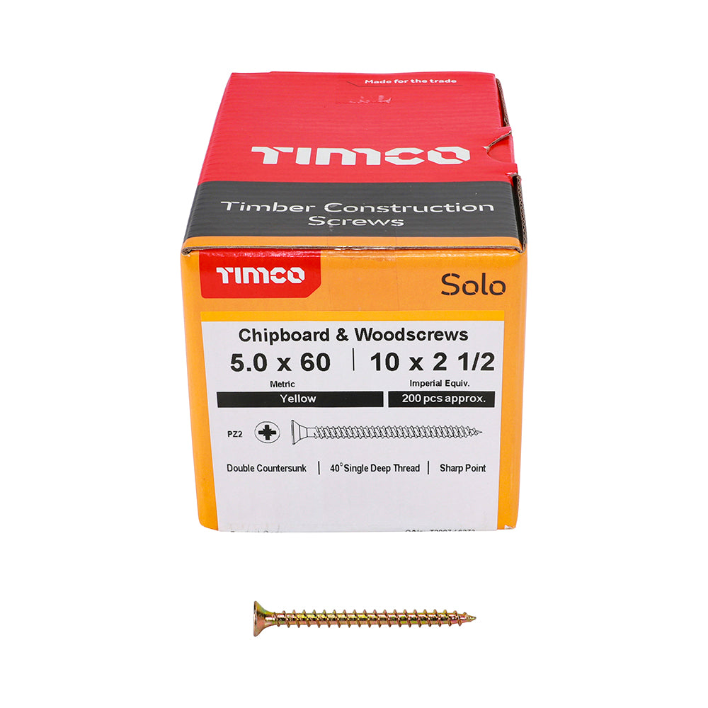 This is an image of Timco - Solo Chipboard & Woodscrews - PZ - Double Countersunk - Yellow 5.0 x 60mm - (200 PCS Box) 50060SOLOC