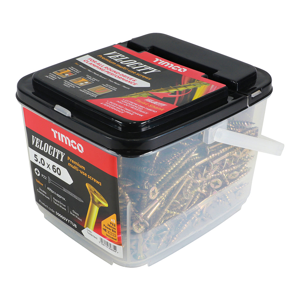This is an image of Timco - Velocity Premium Multi-Use Screws - PZ - Double Countersunk - Yellow 5.0 x 60mm - (400 PCS Tub) 50060VYTUB