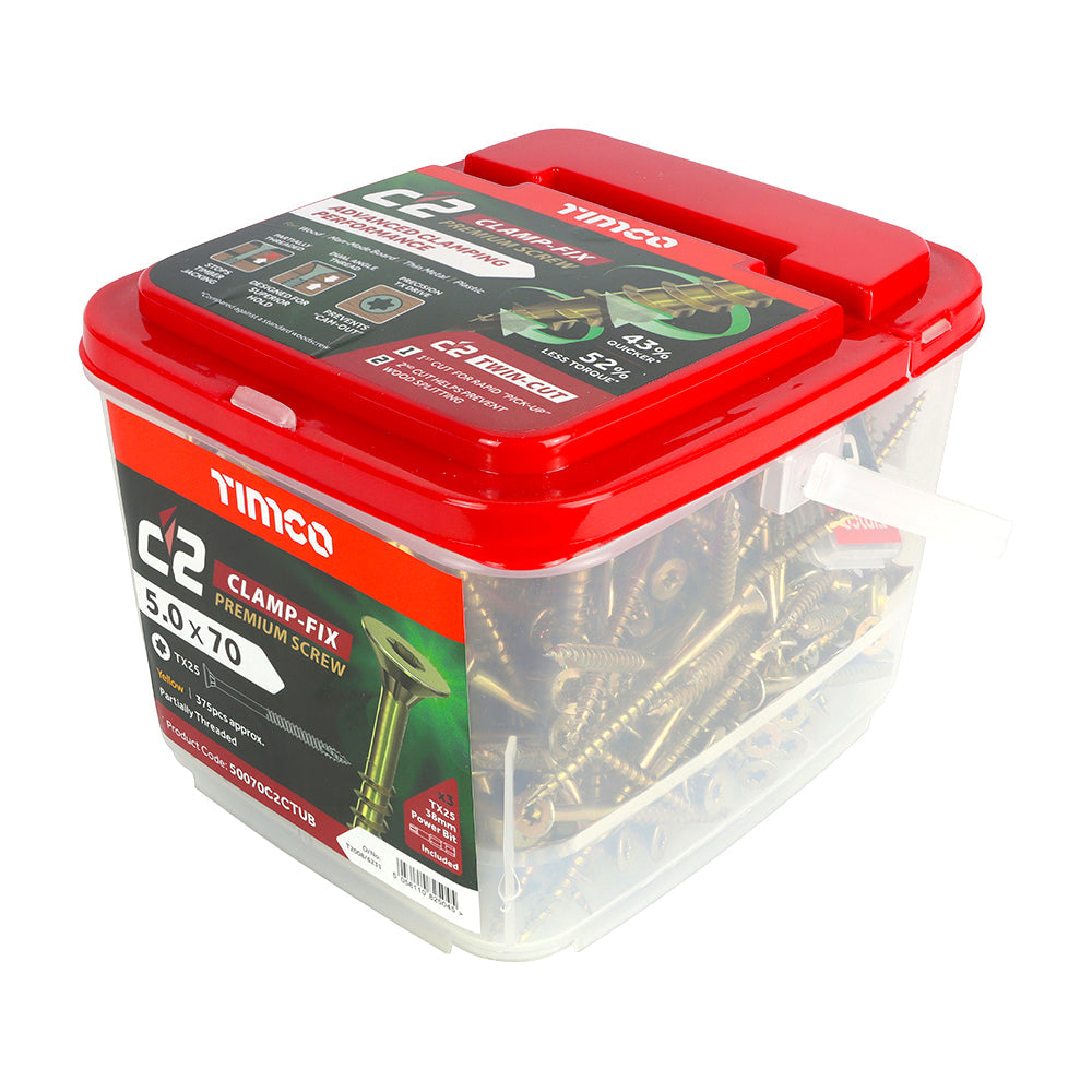 This is an image of Timco - C2 Clamp-Fix Screws - TX - Double Countersunk with Ribs - Twin-Cut - Yellow 5.0 x 70mm - (375 PCS Tub) 50070C2CTUB