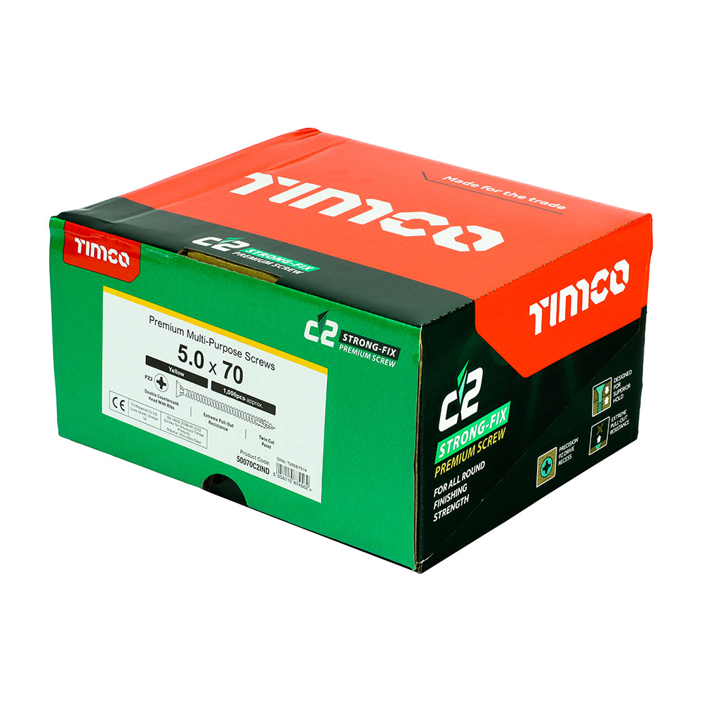 This is an image of Timco - C2 Strong-Fix Screws - PZ - Double Countersunk - Twin-Cut - Yellow 5.0 x 70mm - (1000 PCS Box) 50070C2IND