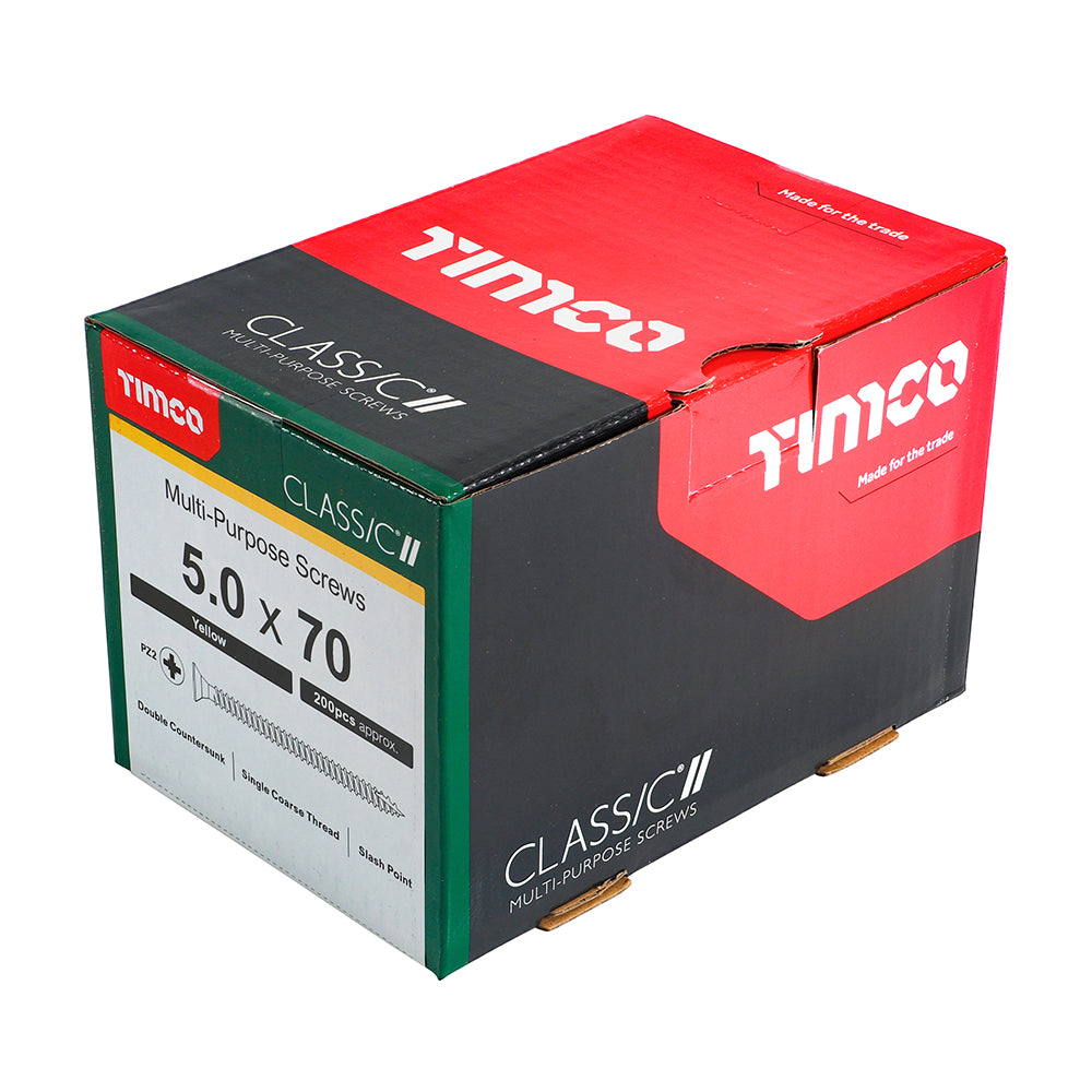 This is an image of Timco - Classic Multi-Purpose Screws - PZ - Double Countersunk - Yellow 5.0 x 70mm - (200 PCS Box) 50070CLAF